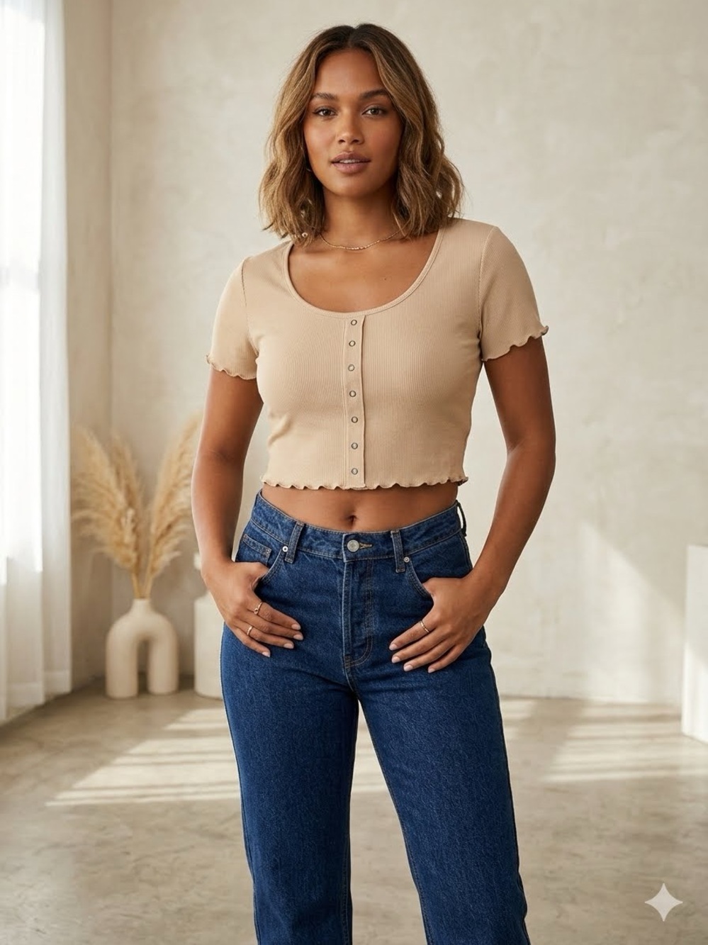 ARDENE Ribbed Short Sleeve Button Crop Top